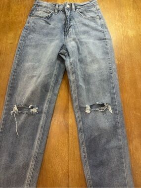 wild fable Women's Light Blue Straight Jeans with Knee Rips High Rise